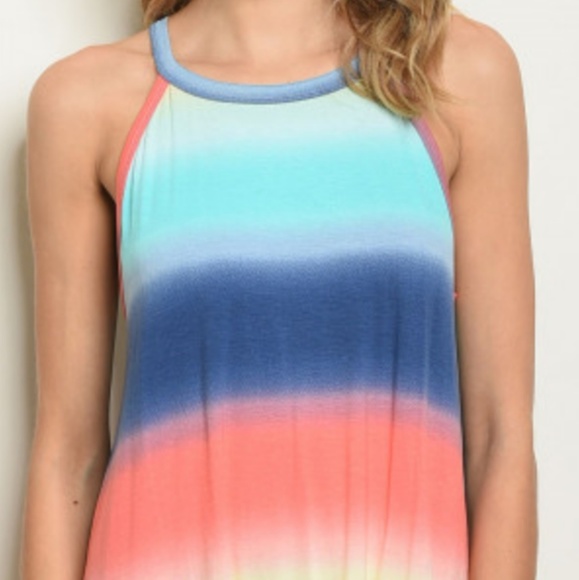 JESH Bright Multi Color Stripes Print Cutout Back Sleeveless Dress M L  USA MADE - Picture 2 of 5